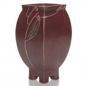 The Futura line featured a variety of unusual shapes and glazes, influenced by newly popular Art Deco styles. This 9-inch Chinese Pillow vase in a dark cherry glaze brought $1,100 in a Humler & Nolan sale last fall. Humler & Nolan image
